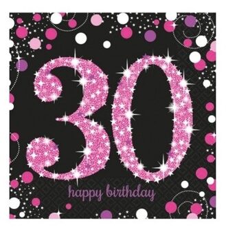 Amscan Servetten 30 jaar - 16x stuks - glitter en glamour - zwart/roze - 33 x 33 cm Multi