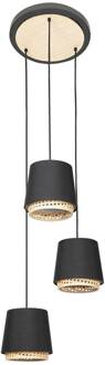 Ananya hanglamp, rondel, 3-lamps zwart, licht hout