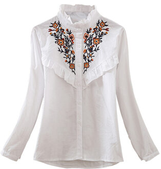 Anasunmoon Vrouwen Casual Top Bloemen Geborduurde Split voor Vrouw Top Zomer Lange Mouw Blouse Dames wit