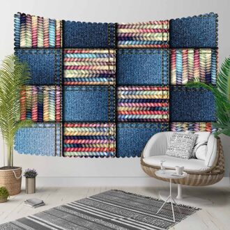 Anders Blauw Patchwork Jeans Motief Gekleurde Patchwork 3D Print Decoratieve Hippi Bohemian Muur Opknoping Landschap Tapijt Muur Art 140x140