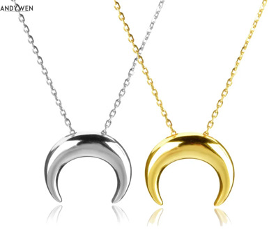 ANDYWEN 925 Sterling Silver Gold Plain Moon Charm Necklace Long Chain Rock Punk Women Statement Simple Slim Dangle Jewelry