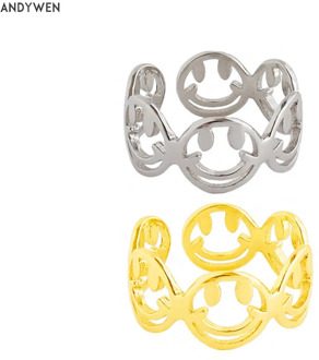ANDYWEN 925 Sterling Silver Smile Resizable Rings Plain Gold Luxury Women Open Love Adjustable Fine Jewelry For Wedding