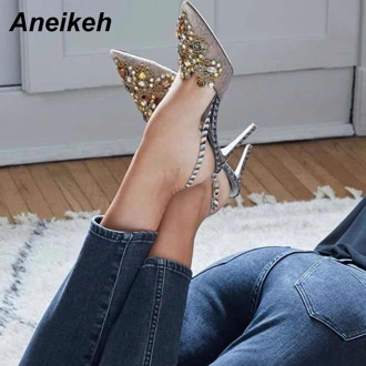 Aneikeh 2020 Spring Sexy Pumps Fashion Rhinestones Diamond Beaded Super High Thin Heeled Pointed Toe Slingbacks Women Shoes