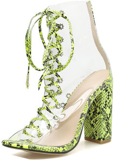 Aneikeh Novelty PVC Vrouwen Laarzen Serpentine Transparante Peep Toe Lace-Up Schoenen Dans Vierkante Hoge Hak Enkel maat 35-42