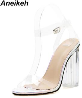 Aneikeh Zomer Rome PU Vrouwen Sandalen Ronde Neus Glass Vierkante Hoge Hak Transparante Gesp Band Kantoor Serpentine 4 -11 7