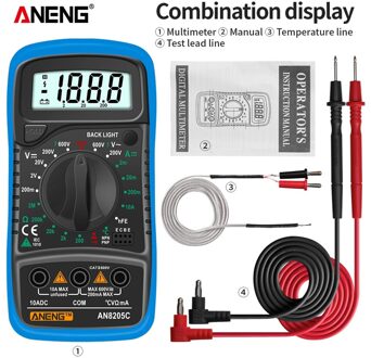 Aneng AN8205C Beroep Digitale Multimeter Ac/Dc Ampèremeter Volt Ohm Tester Meter Multimetro Met Thermokoppel Lcd Backlight AN8205C blauw