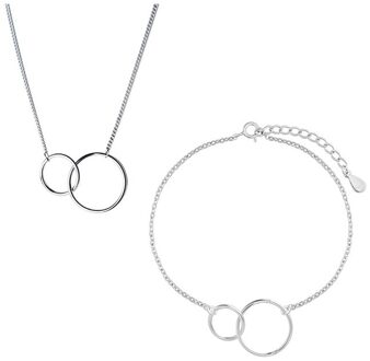 Anenjery Minimalistische 925 Sterling Zilveren Dubbele Cirkel Ketting + Armband Sieraden Sets Voor Vrouwen Zus Sieraden