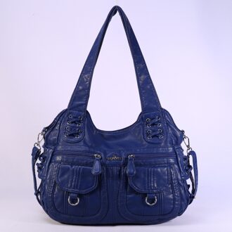 Angelkiss Gewassen Pu Vrouwen Handtas Dame Schoudertas Dubbele-Compartiment En Multi-Pocket Ruim Messenger Tote Met Lange band blauw