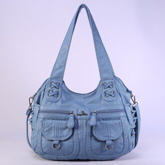 Angelkiss Gewassen Pu Vrouwen Handtas Dame Schoudertas Dubbele-Compartiment En Multi-Pocket Ruim Messenger Tote Met Lange band licht blauw