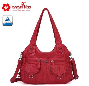 Angelkiss Gewassen Pu Vrouwen Handtas Dame Schoudertas Dubbele-Compartiment En Multi-Pocket Ruim Messenger Tote Met Lange band rood