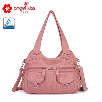 Angelkiss Gewassen Pu Vrouwen Handtas Dame Schoudertas Dubbele-Compartiment En Multi-Pocket Ruim Messenger Tote Met Lange band roze