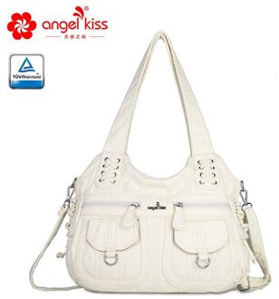Angelkiss Gewassen Pu Vrouwen Handtas Dame Schoudertas Dubbele-Compartiment En Multi-Pocket Ruim Messenger Tote Met Lange band Vanilla