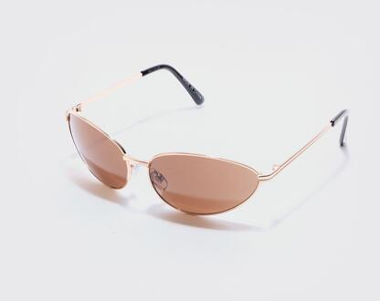 Angled Metal Sunglasses With Brown Lens In Gold, Gold - ONE SIZE