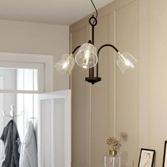 Anjita hanglamp, glazen kappen, 3-lamps helder, zwart, messing