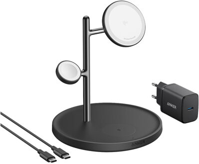 Anker MagGo Magnetic Wireless Charger 15W 3-in-1 Stand EU Plug Oplader Zwart