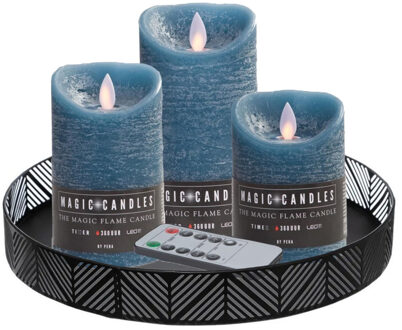 Anna Collection LED kaarsen - 3x stuks - blauw - met rond dienblad - kaarsenbord - D29 cm