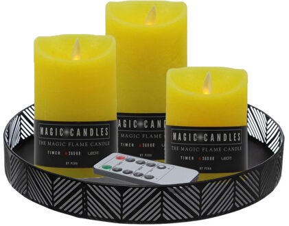 Anna Collection LED kaarsen - 3x stuks - geel - met rond dienblad - kaarsenbord - D29 cm