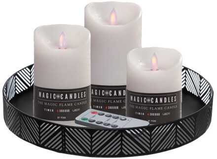 Anna Collection LED kaarsen - 3x stuks - wit - met rond dienblad - kaarsenbord - D29 cm