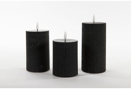 Anna Collection LED kaarsen set ribbel - 3x stuks - zwart - LED kaarsen