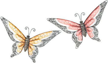 Anna Collection Wanddecoratie vlinders - 2x - oranje/rood - 36 x 21 cm - metaal - muurdecoratie - Tuinbeelden