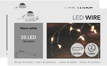Anna's Collection 2x draadverlichting - zilver- 20 led lampjes - warm wit - batterij - 100 cm