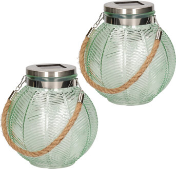 Anna's Collection 2x stuks groene solar lantaarn van gestreept glas rond 16 cm - Lantaarns