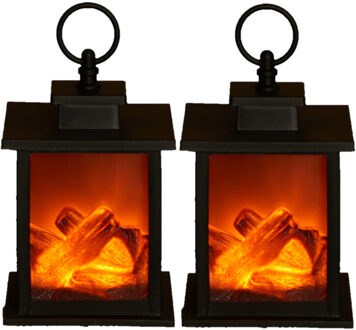 Anna's Collection 2x stuks LED sfeerhaarden/open haard lantaarns zwart met led verlichting L12 x B12 x H18,5 cm - Lantaarns