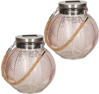 Anna's Collection 2x stuks roze solar lantaarn van gestreept glas rond 16 cm