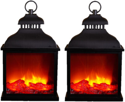 Anna's Collection 2x stuks sfeerhaarden/open haard lantaarns zwart met led verlichting L25 x B15 x H42,5 cm