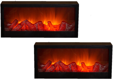 Anna's Collection 2x stuks sfeerhaarden/open haard lantaarns zwart met led verlichting L45 x B10 x H20 cm