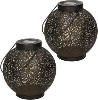 Anna's Collection 2x stuks solar lantaarn - zwart - cirkels - 19 cm - tafellamp - zonne-energie - tuinverlichting