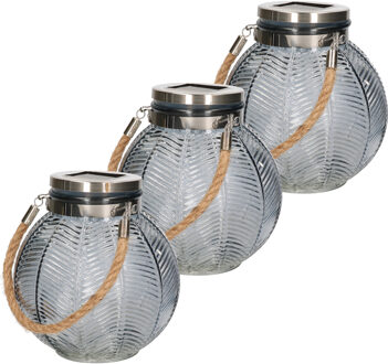 Anna's Collection 3x stuks grijze solar lantaarn van gestreept glas rond 16 cm