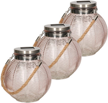 Anna's Collection 3x stuks roze solar lantaarn van gestreept glas rond 16 cm