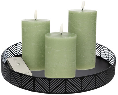 Anna's Collection Anna Collection LED kaarsen - 3x stuks - jade groen - met rond dienblad - kaarsenbord - D29 cm