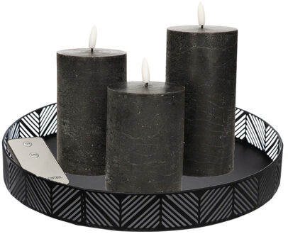 Anna's Collection Anna Collection LED kaarsen - 3x stuks - zwart - met rond dienblad - kaarsenbord - D29 cm
