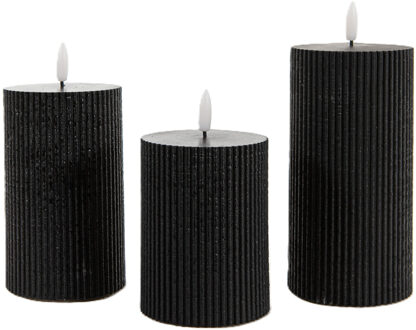 Anna's Collection Anna Collection LED kaarsen - stompkaarsen set - 3x stuks - diep zwart - ribbel