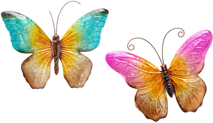 Anna's Collection Anna Collection Wanddecoratie vlinders - 2x - blauw/roze - 32 x 24 cm - metaal - muurdecoratie - Tuinbeelden