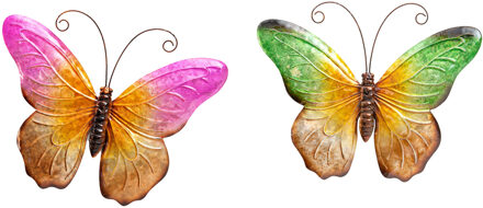 Anna's Collection Anna Collection Wanddecoratie vlinders - 2x - groen/roze - 32 x 24 cm - metaal - muurdecoratie - Tuinbeelden