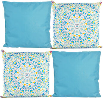 Anna's Collection Bank/tuin kussens set - binnen/buiten - 4x stuks - blauw/print - In een 2 kleuren mix