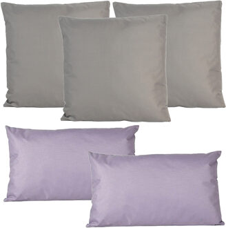 Anna's Collection Bank/tuin kussens set - binnen/buiten - 5x stuks - grijs/lila - In 2 formaten laag/hoog