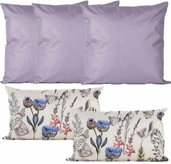 Anna's Collection Bank/tuin kussens set - binnen/buiten - 5x stuks - lila/tropical summer print - In 2 formaten