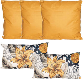 Anna's Collection Bank/tuin kussens set - binnen/buiten - 5x stuks - okergeel/tropical summer print - In 2 formaten