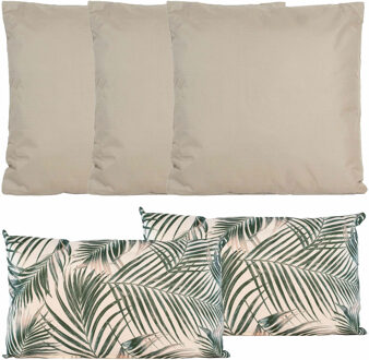 Anna's Collection Bank/tuin kussens set - binnen/buiten - 5x stuks - taupe/palm print - In 2 formaten laag/hoog