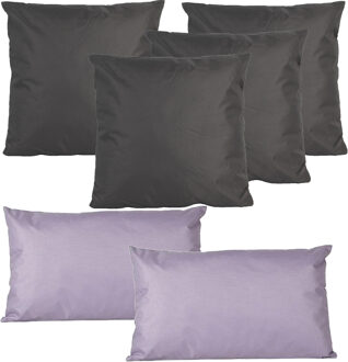 Anna's Collection Bank/tuin kussens set - binnen/buiten - 6x stuks - antraciet/lila - In 2 formaten laag/hoog