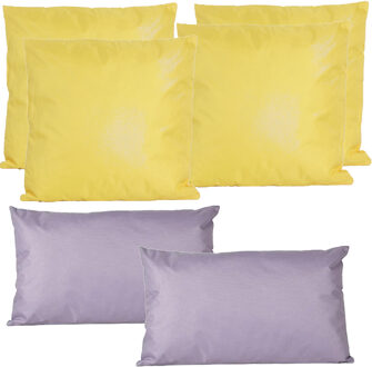 Anna's Collection Bank/tuin kussens set - binnen/buiten - 6x stuks - geel/lila - In 2 formaten laag/hoog