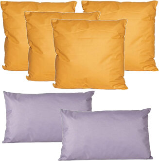 Anna's Collection Bank/tuin kussens set - binnen/buiten - 6x stuks - geel/lila - In 2 formaten laag/hoog