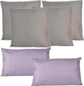 Anna's Collection Bank/tuin kussens set - binnen/buiten - 6x stuks - grijs/lila - In 2 formaten laag/hoog