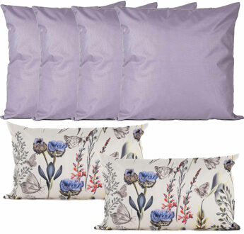 Anna's Collection Bank/tuin kussens set - binnen/buiten - 6x stuks - lila/tropical summer print - In 2 formaten