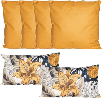Anna's Collection Bank/tuin kussens set - binnen/buiten - 6x stuks - okergeel/tropical summer print - In 2 formaten