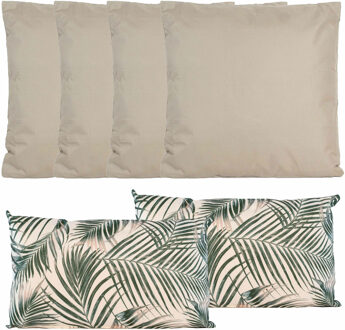 Anna's Collection Bank/tuin kussens set - binnen/buiten - 6x stuks - taupe/palm print - In 2 formaten laag/hoog